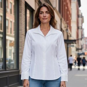 Chico’s Non-Iron White Button-Down Top Embroidery Collar Cuffs SZ 2/ 12-1 NWT